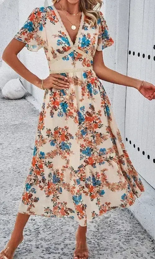 Floral print v-neck dress - Femstylo
