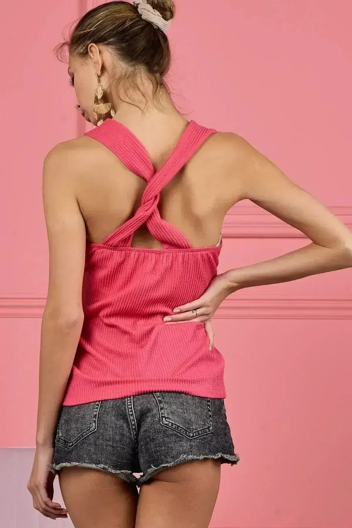 BiBi Lace Knit with Cut Out And Cross Neck Banded Top - Femstylo