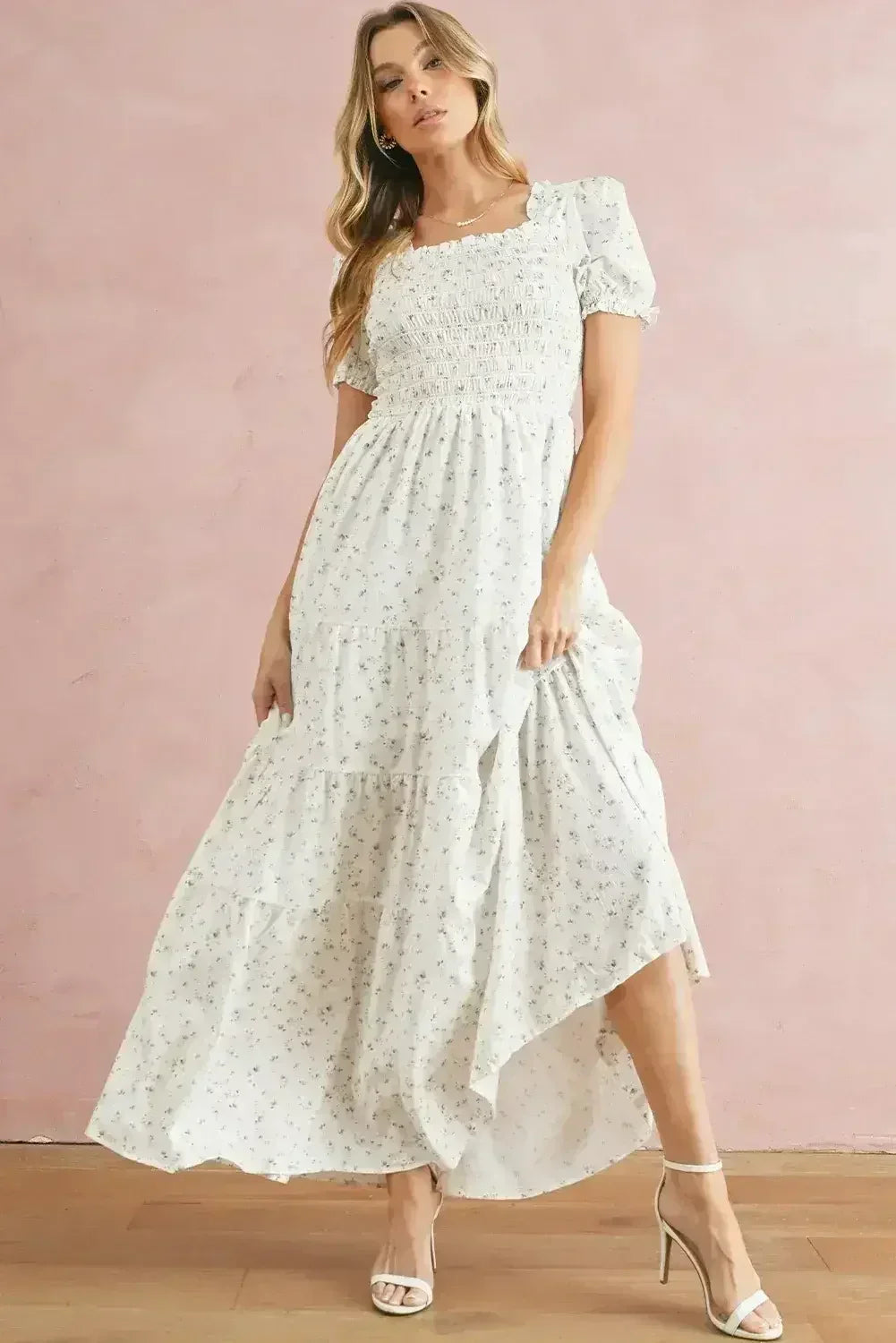 White Frill Neckline Shirred Bodice Floral Maxi Dress - Femstylo