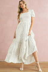 White Frill Neckline Shirred Bodice Floral Maxi Dress - Femstylo