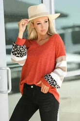 Red V Neck Lantern Sleeve Leopard Stripe Splice Long Sleeve Top - Femstylo