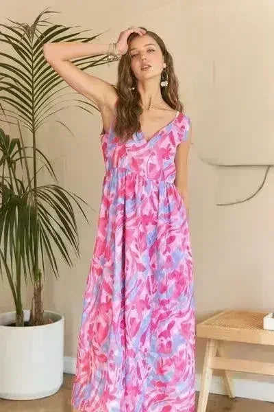 ADORA Abstract Floral V-Neck Maxi Dress - Femstylo