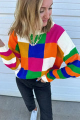 Orange Checkered Color Block Round Neck Loose Sweater - Femstylo
