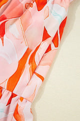 Orange Abstract Print Split Neck Long Sleeve Dress