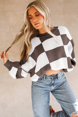 Dark Brown Plaid Bishop Sleeve Pullover Sweater