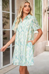 Green Floral Half Button Short Sleeve Mini Dress - Femstylo