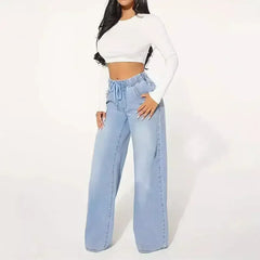 25 Edition – High Waist Drawstring Wide Leg Jeans – Light Blue - Femstylo