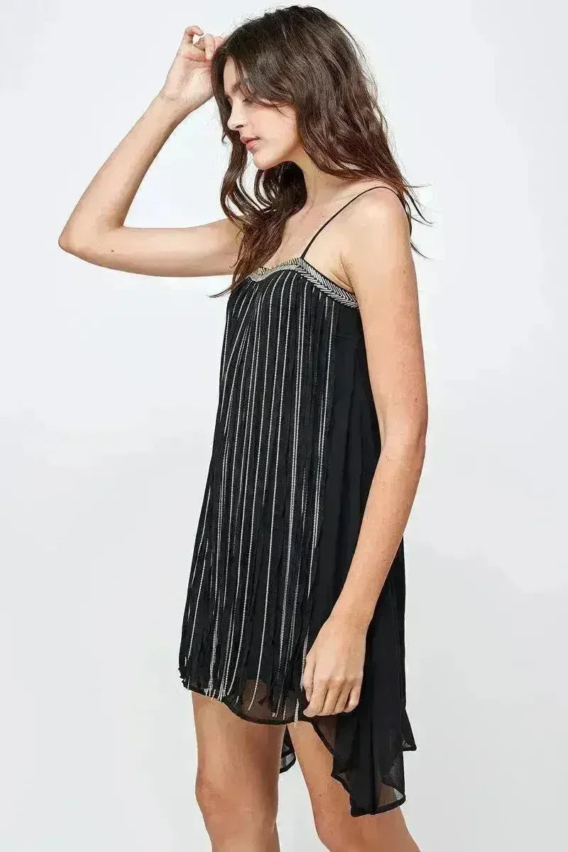 Flowy Sleeveless Mini Dress with Metallic Accents - Femstylo