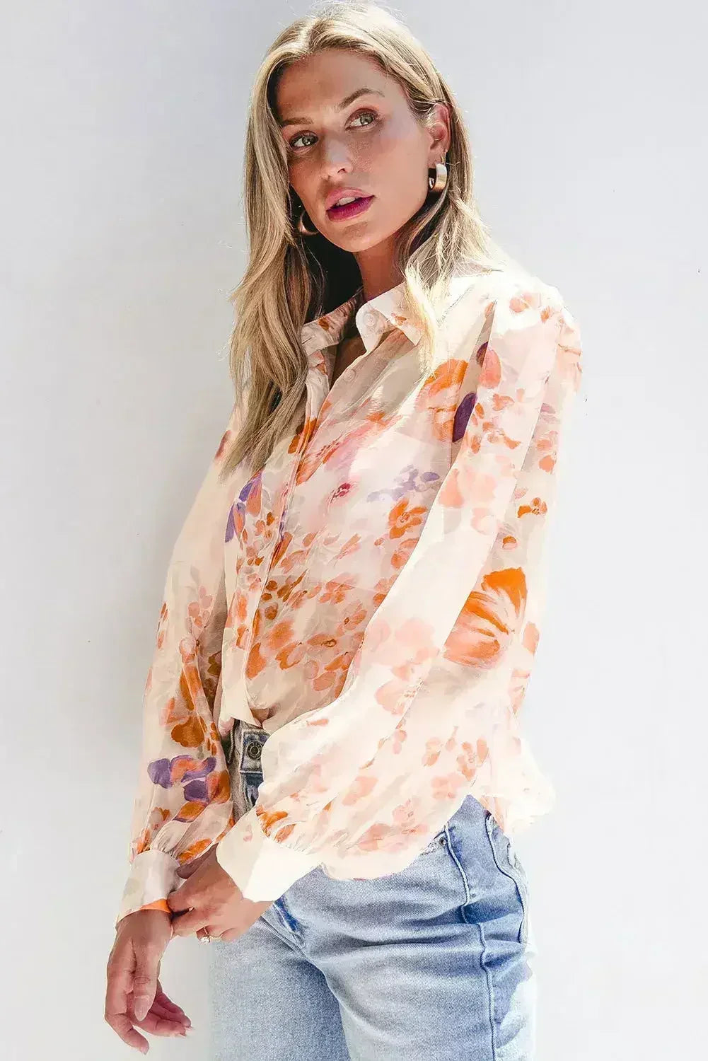 White Balloon Sleeve Floral Shirt - Loose Fit Blouse | Femstylo - Femstylo