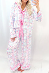 Pink Bow Wreath Pattern Christmas Holiday Bow Tie Front Pajama Set
