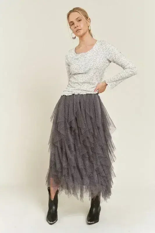 PLUS LAYER POLKA DOT MESH LINED A-LINE MIDI SKIRT - Femstylo