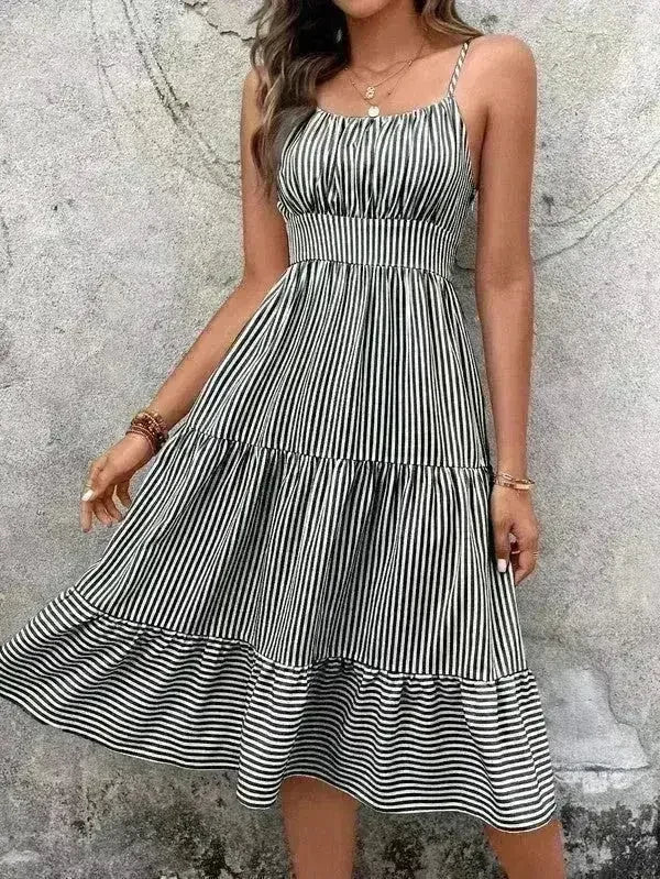 Striped spaghetti strap midi dress - Femstylo