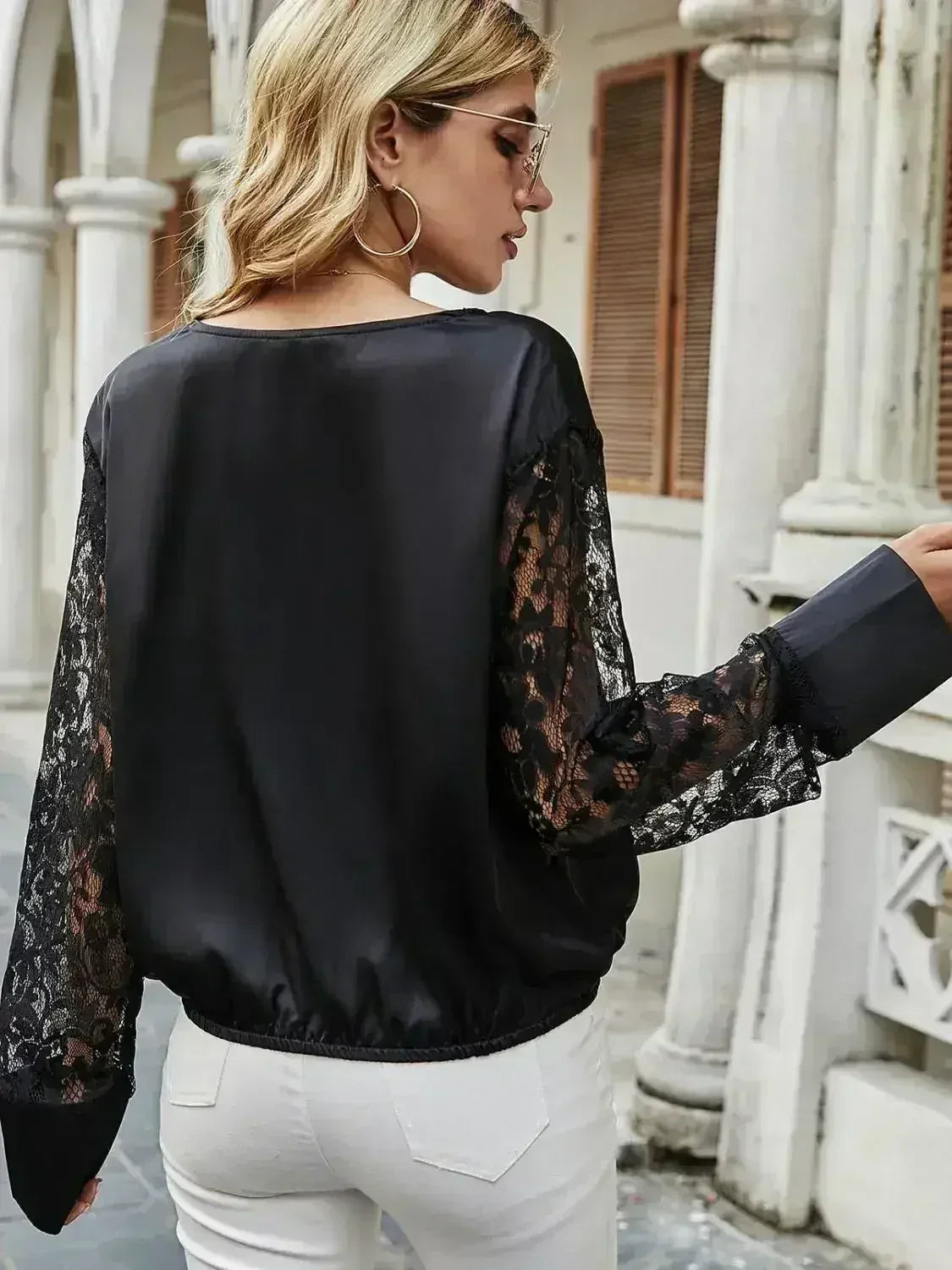 Black Surplice Lace Long Sleeve Blouse | Femstylo - Femstylo
