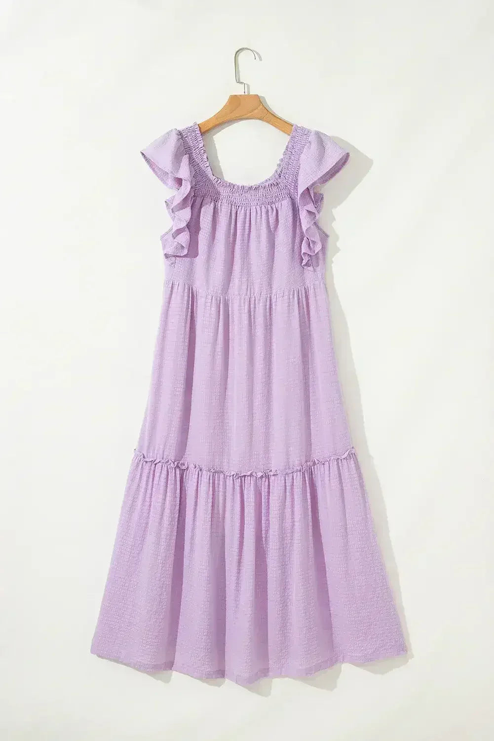 Purple Ruffled Flutter Sleeve Square Neck Textured Tiered Maxi Dress - Femstylo
