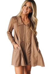 Straw Yellow Lace Trim Peter Pan Collar Long Sleeve Mini Shirt Dress