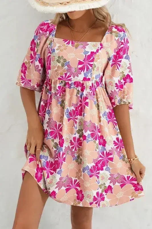 Floral Square Neck Puff Sleeve Babydoll Dress - Femstylo