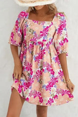 Floral Square Neck Puff Sleeve Babydoll Dress - Femstylo