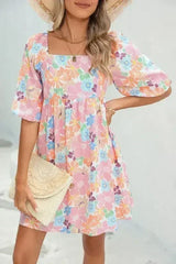 Floral Square Neck Puff Sleeve Babydoll Dress - Femstylo