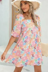 Floral Square Neck Puff Sleeve Babydoll Dress - Femstylo