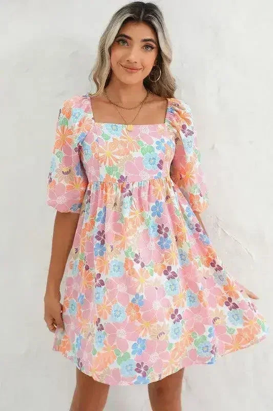 Floral Square Neck Puff Sleeve Babydoll Dress - Femstylo