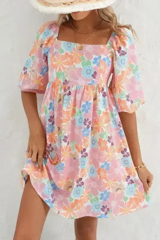 Floral Square Neck Puff Sleeve Babydoll Dress - Femstylo
