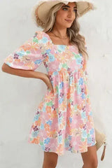 Floral Square Neck Puff Sleeve Babydoll Dress - Femstylo