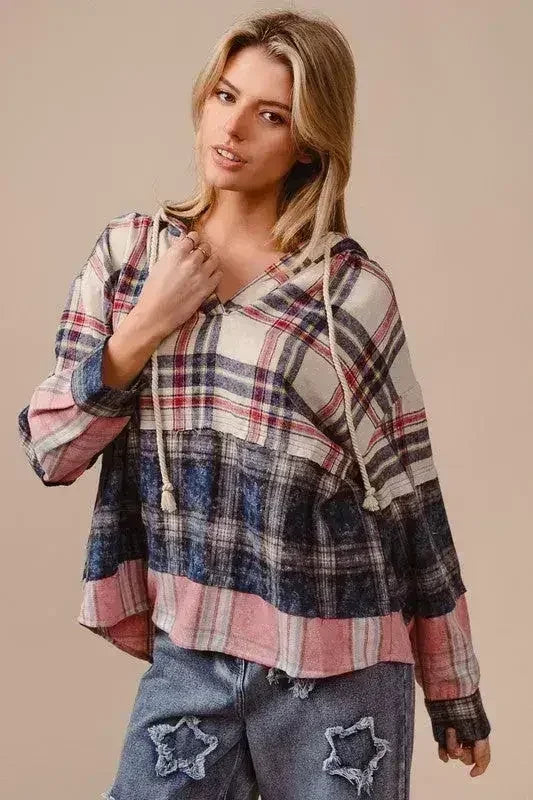 BiBi Drawstring Plaid Drop Shoulder Hoodie - Femstylo