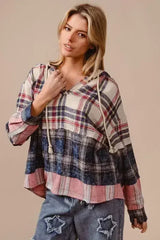 BiBi Drawstring Plaid Drop Shoulder Hoodie - Femstylo