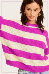 Striped Round Neck Loose Fit Sweater - Femstylo