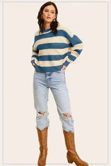 Striped Round Neck Loose Fit Sweater - Femstylo