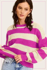 Striped Round Neck Loose Fit Sweater - Femstylo