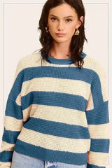 Striped Round Neck Loose Fit Sweater - Femstylo