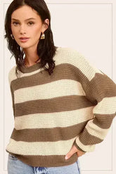Striped Round Neck Loose Fit Sweater - Femstylo