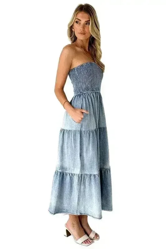 Women's Denim Fashion Dress - Sexy Sleeveless with Side Pockets - Femstylo