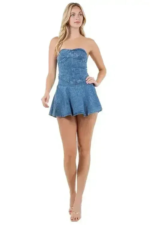 Strapless Denim Mini Dress - Back Zipper & Elastic Waist | Femstylo - Femstylo