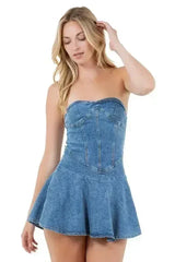 Strapless Denim Mini Dress - Back Zipper & Elastic Waist | Femstylo - Femstylo