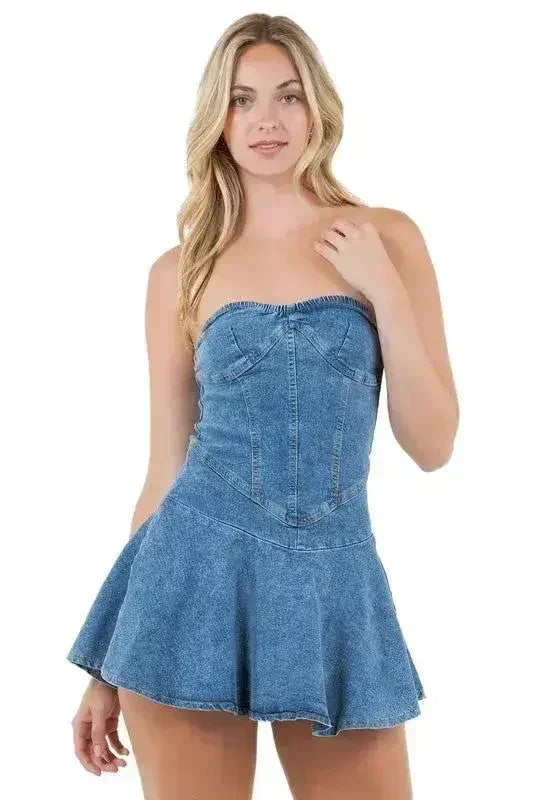 Strapless Denim Mini Dress - Back Zipper & Elastic Waist | Femstylo - Femstylo