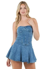 Strapless Denim Mini Dress - Back Zipper & Elastic Waist | Femstylo - Femstylo