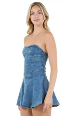 Strapless Denim Mini Dress - Back Zipper & Elastic Waist | Femstylo - Femstylo