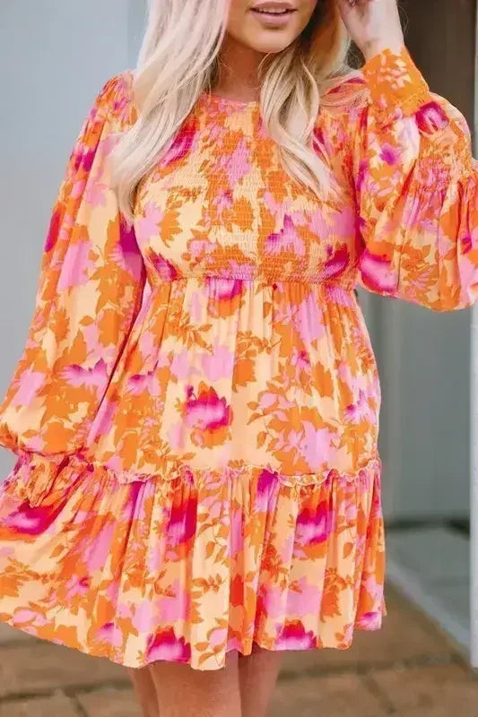 Abstract Smocked Bust Ruffle Mini Dress - Femstylo