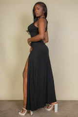 Plunge Neck Thigh Split Dress - Femstylo