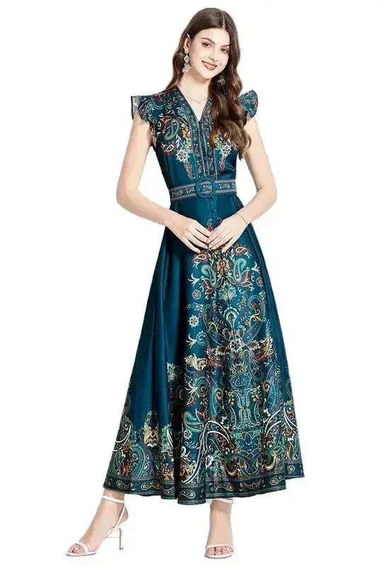 Floral Print V-Neck Dress with Belt - A-Line Style | Femstylo - Femstylo