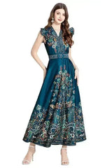 Floral Print V-Neck Dress with Belt - A-Line Style | Femstylo - Femstylo