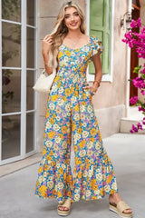 Yellow Floral Allover Print Shirred Cut Out High Waist Jumpsuit - Femstylo
