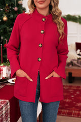 Fiery Red Solid Color Mock Collar Loose Jacket