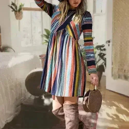 Color Block Stripe Midi Dress - Polyester-Spandex Blend | Femstylo - Femstylo