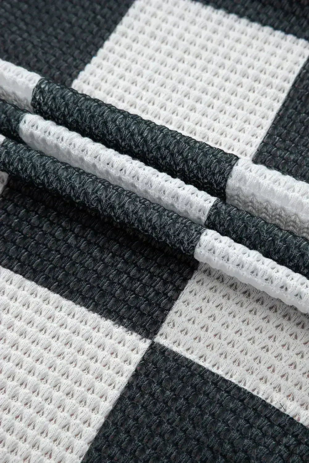 Black Checkered Waffle Knit Thumbhole Open Front Cardigan - Femstylo