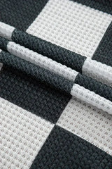 Black Checkered Waffle Knit Thumbhole Open Front Cardigan - Femstylo