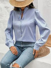 Striped Tie Neck Long Sleeve Blouse – Femstylo - Femstylo