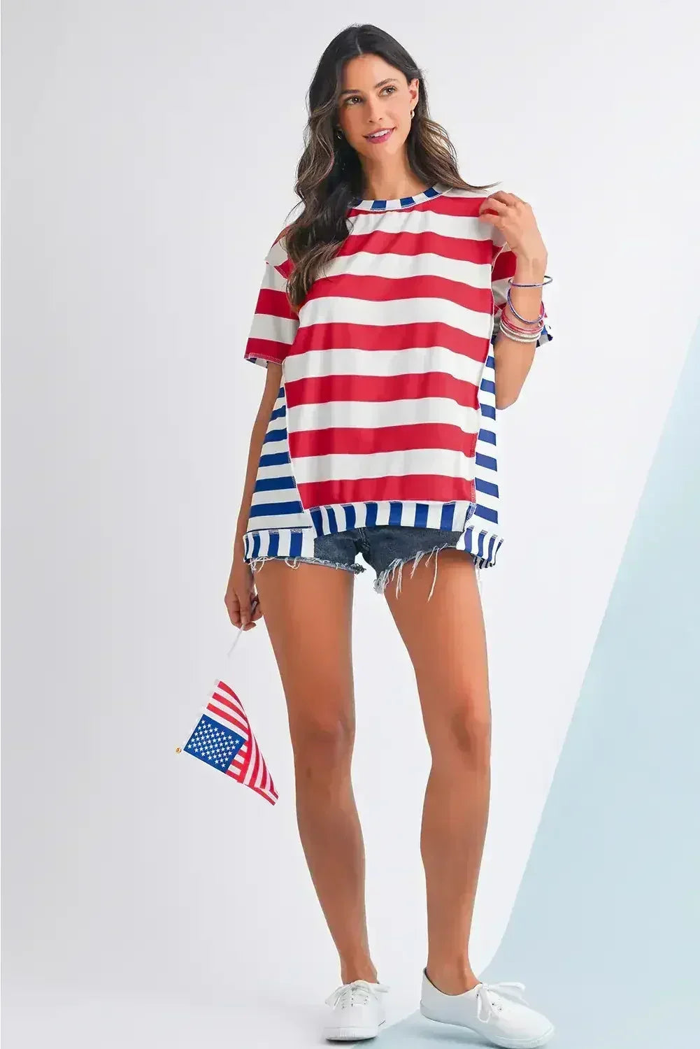 Red Stripe Loose Casual Color Block T Shirt - Femstylo